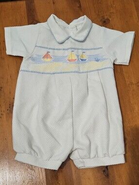 Vintage 90’s Baby Dior Onesie 6 Months White And Blue Sail Boats Embroidered